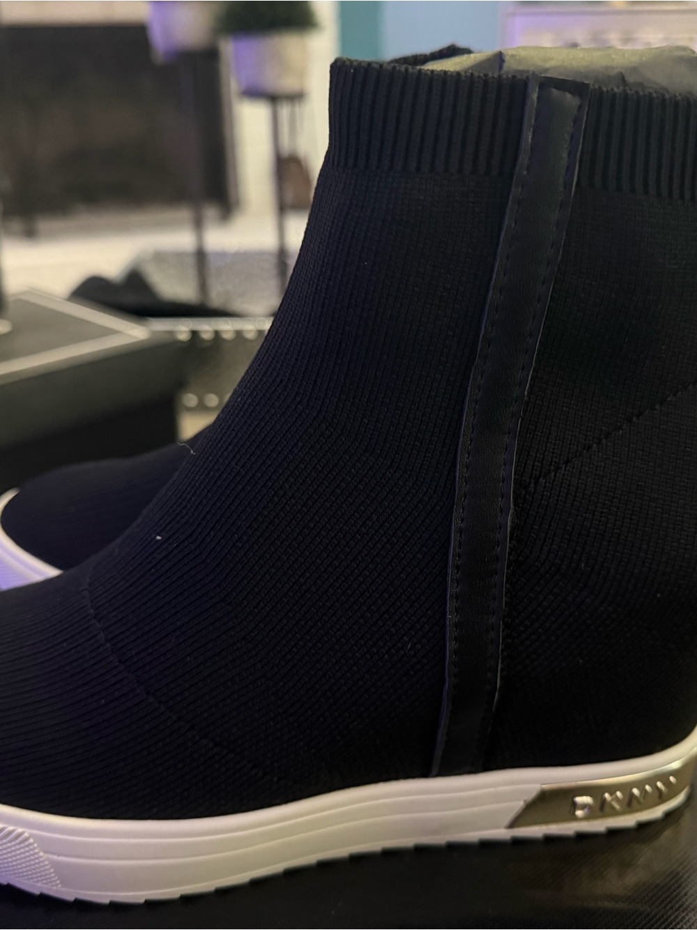 DKNY Black Knit Wedge Sneaker Boot with White Platform